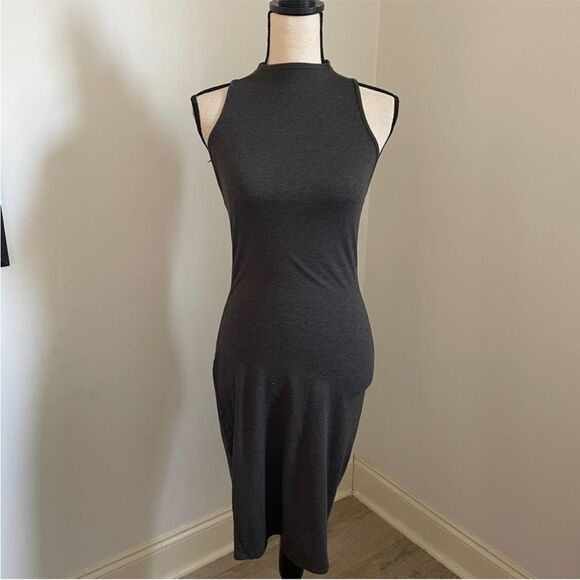 LA Made Mock Neck Sleeveless Midi Dress Small Gray Halter Bodycon Minimal Sheath - Picture 1 of 9